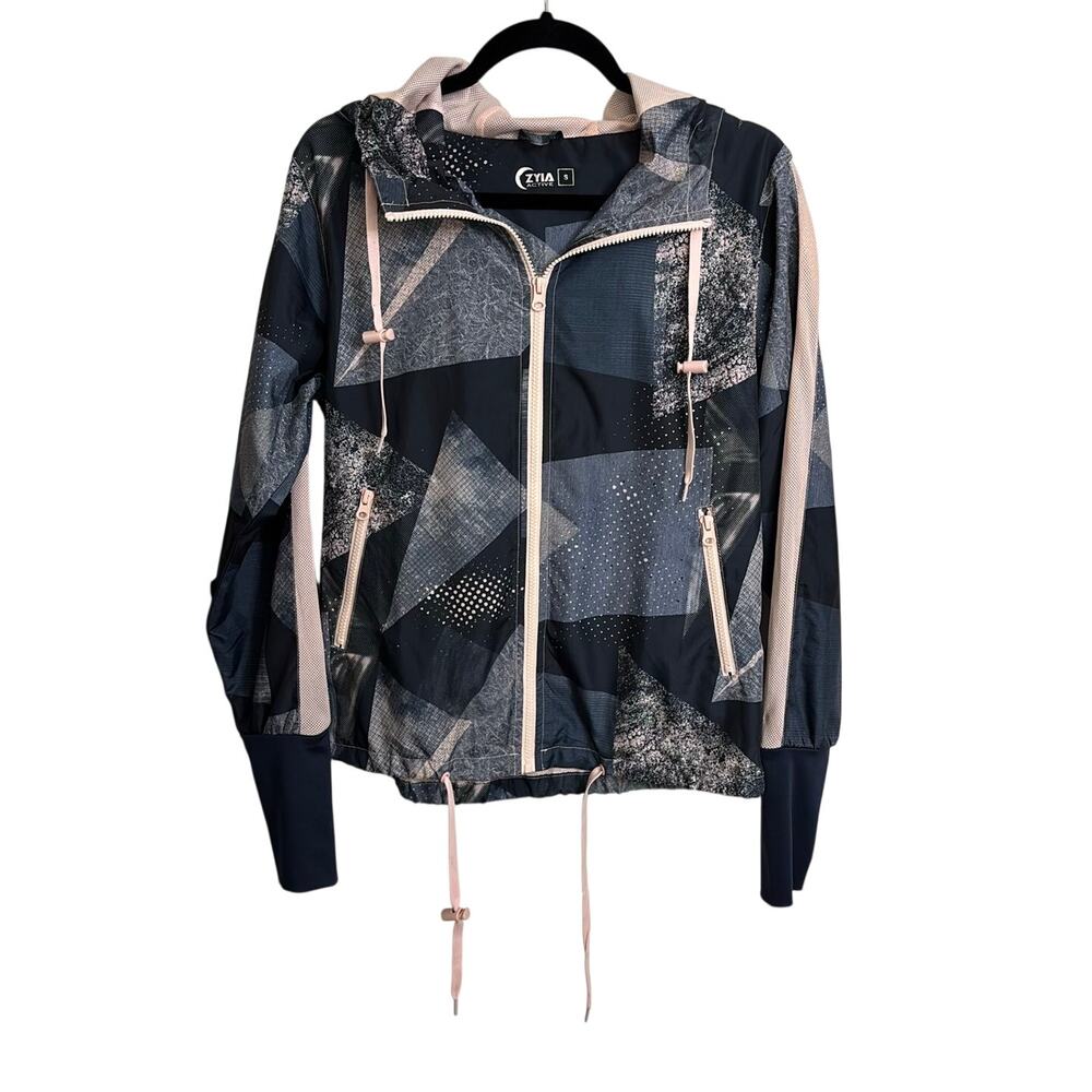 ZYIA Active Bomber Jacket Womens Small Blue Pink Radical Geometric Print Hooded
